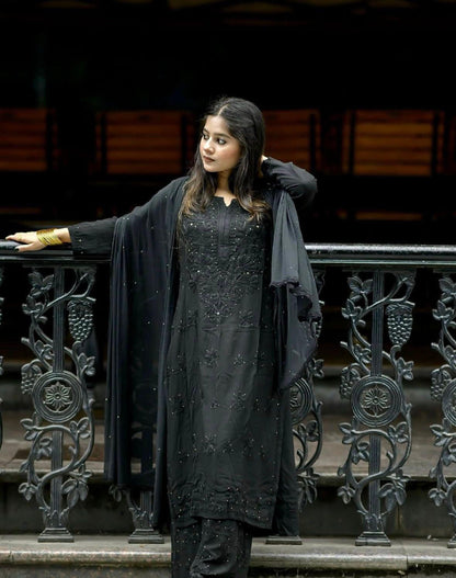 Chikankari 3 Piece Suit Set: Hand Embroidered Rayon Cotton Kurta, Palazzo with Chiffon Dupatta