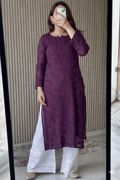 Chikankari Kurti Set Pink: 3D Rose Embroidered Viscose Rayon with Pleated Palazzo Pant