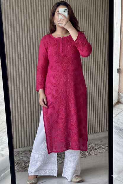 Chikankari Kurti Set Pink: 3D Rose Embroidered Viscose Rayon with Pleated Palazzo Pant