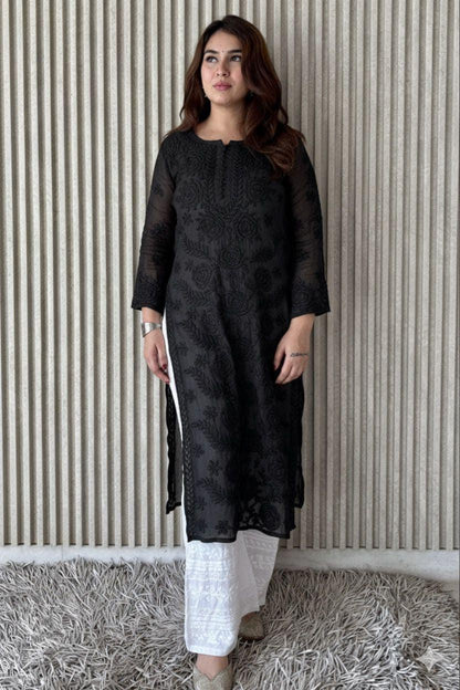 Chikankari Kurti Set Pink: 3D Rose Embroidered Viscose Rayon with Pleated Palazzo Pant