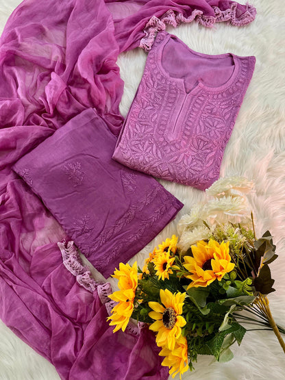 Chikankari Double Shade Kurta Set Olive Rayon Ghaspatti Embroidery with Palazzo and Dupatta