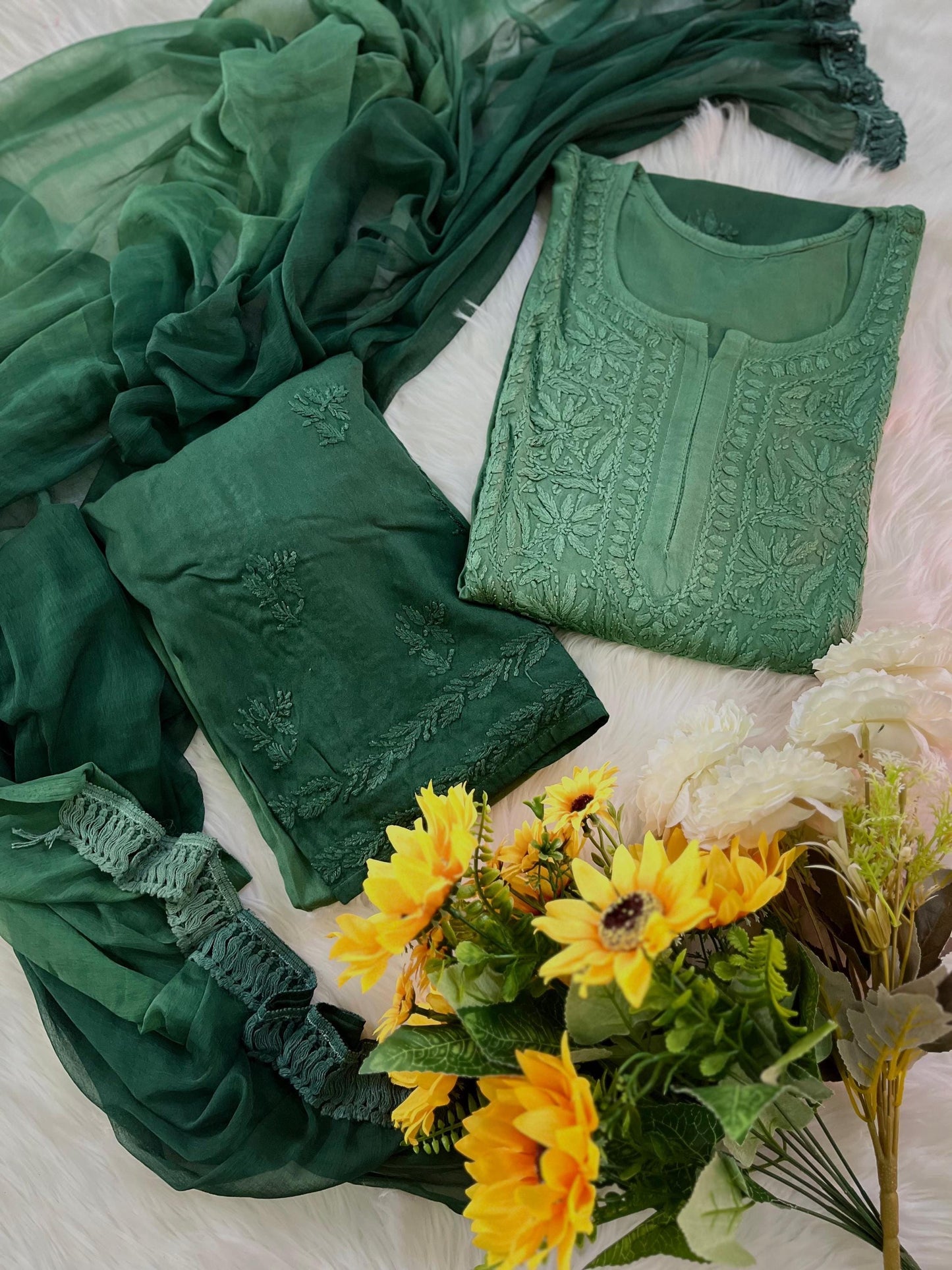 Chikankari Double Shade Kurta Set Olive Rayon Ghaspatti Embroidery with Palazzo and Dupatta
