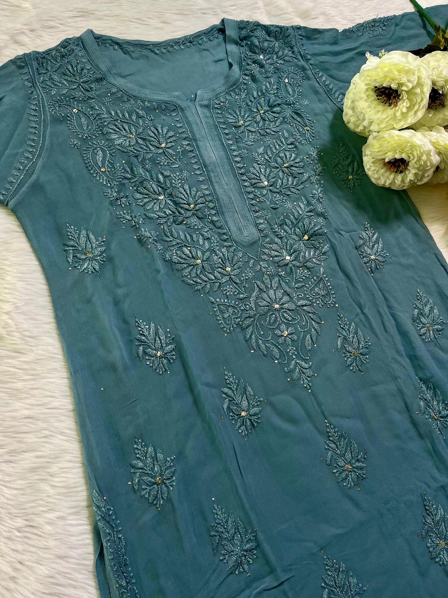 Chikan Kurti Hand Embroidered Viscose Top: Mukaish Work Traditional Indian Wear