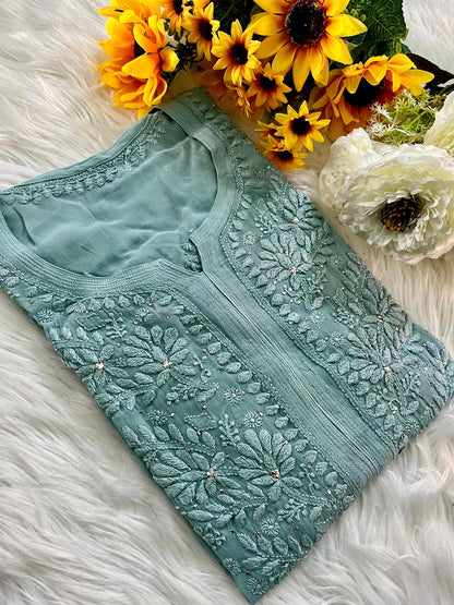 Chikan Kurti Hand Embroidered Viscose Top: Mukaish Work Traditional Indian Wear