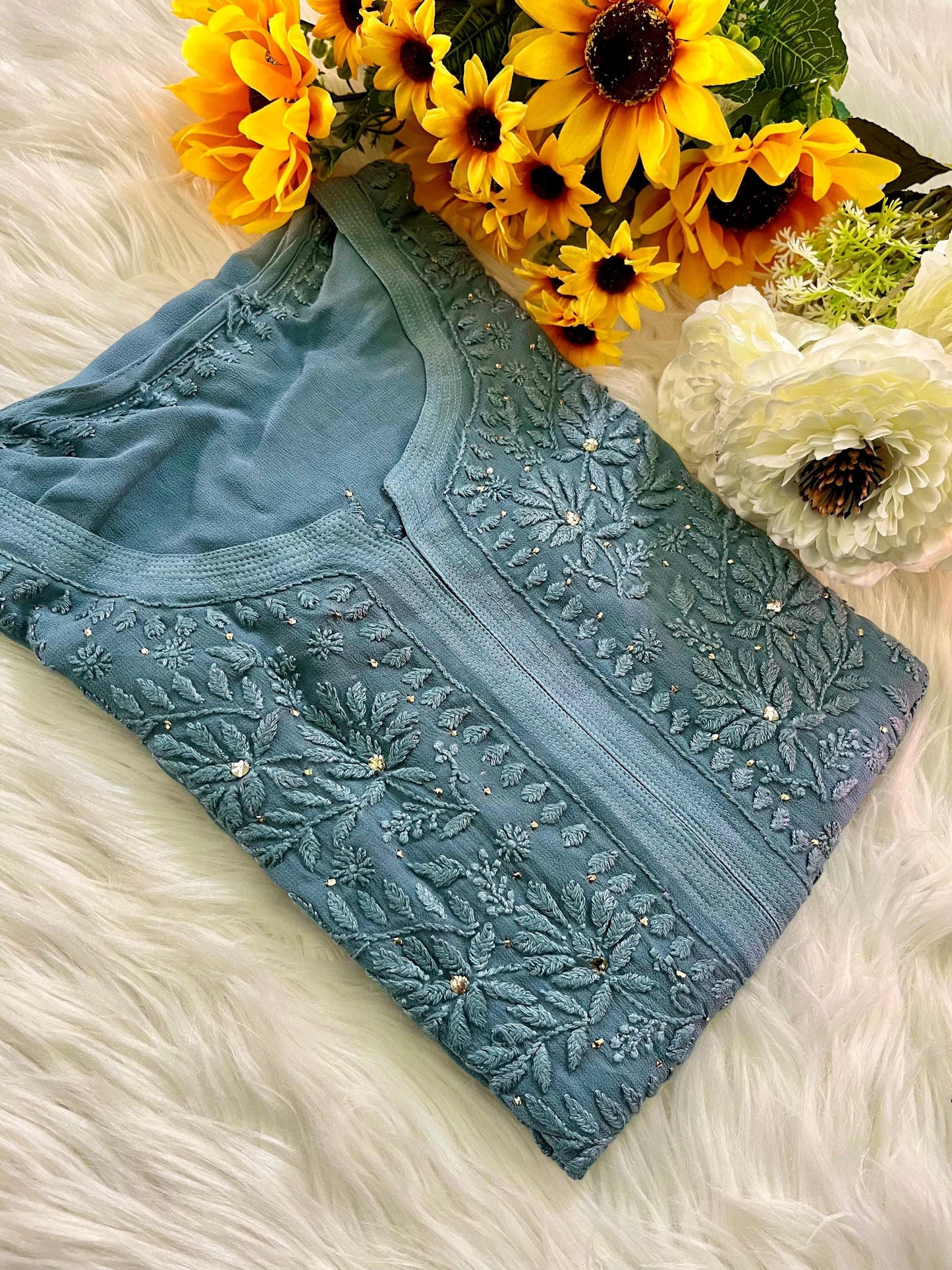 Chikan Kurti Hand Embroidered Viscose Top: Mukaish Work Traditional Indian Wear
