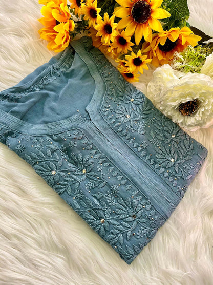 Chikan Kurti Hand Embroidered Viscose Top: Mukaish Work Traditional Indian Wear