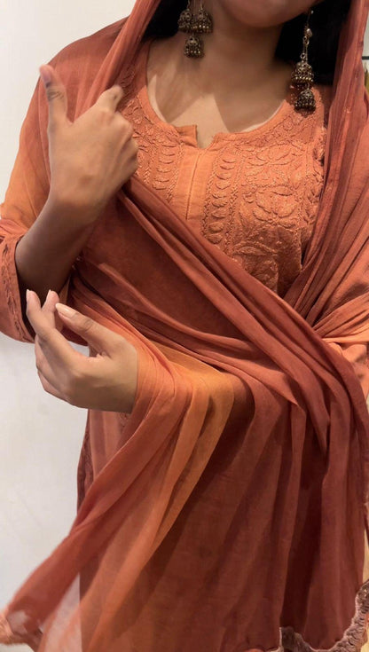 Chikankari Double Shade Kurta Set Olive Rayon Ghaspatti Embroidery with Palazzo and Dupatta