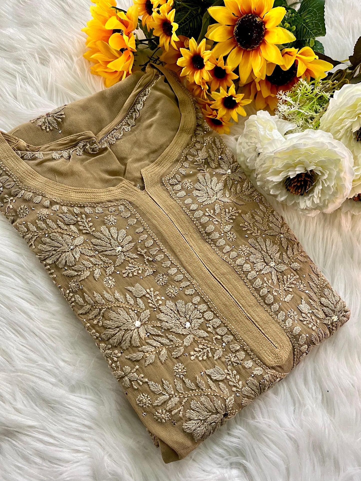 Chikan Kurti Hand Embroidered Viscose Top: Mukaish Work Traditional Indian Wear