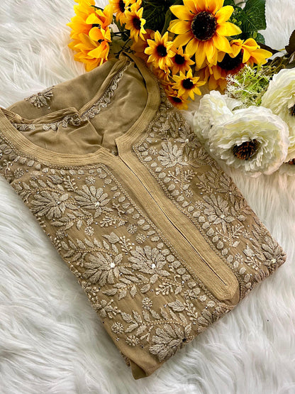 Chikan Kurti Hand Embroidered Viscose Top: Mukaish Work Traditional Indian Wear