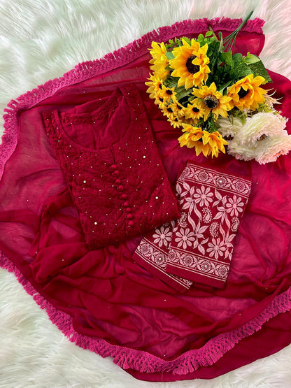 Lucknowi Chikankari Cotton Kurti Set, Hand Embroidered Women's Tunic, Traditional Ethnic Summer Outfit