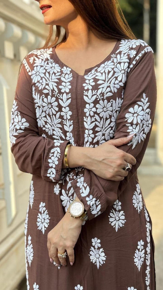 3D Heavy Embroidery Modal Plazo Set, Pure Lucknowi Chikankari Kurti Suit, Plus Size Festive Partywear Tunic Top, Handcrafted Ladies Kurti