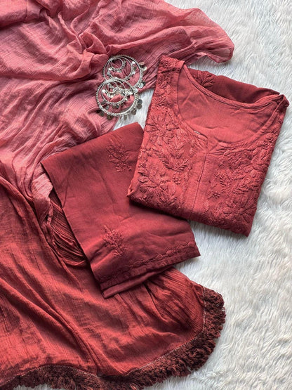 Soft Rayon Ombre Kurti Plazo Set, Handcrafted Chikankari Indian Suit, Plus Size Festive Tunic Set, Lucknowi Embroidered Salwar Kameez