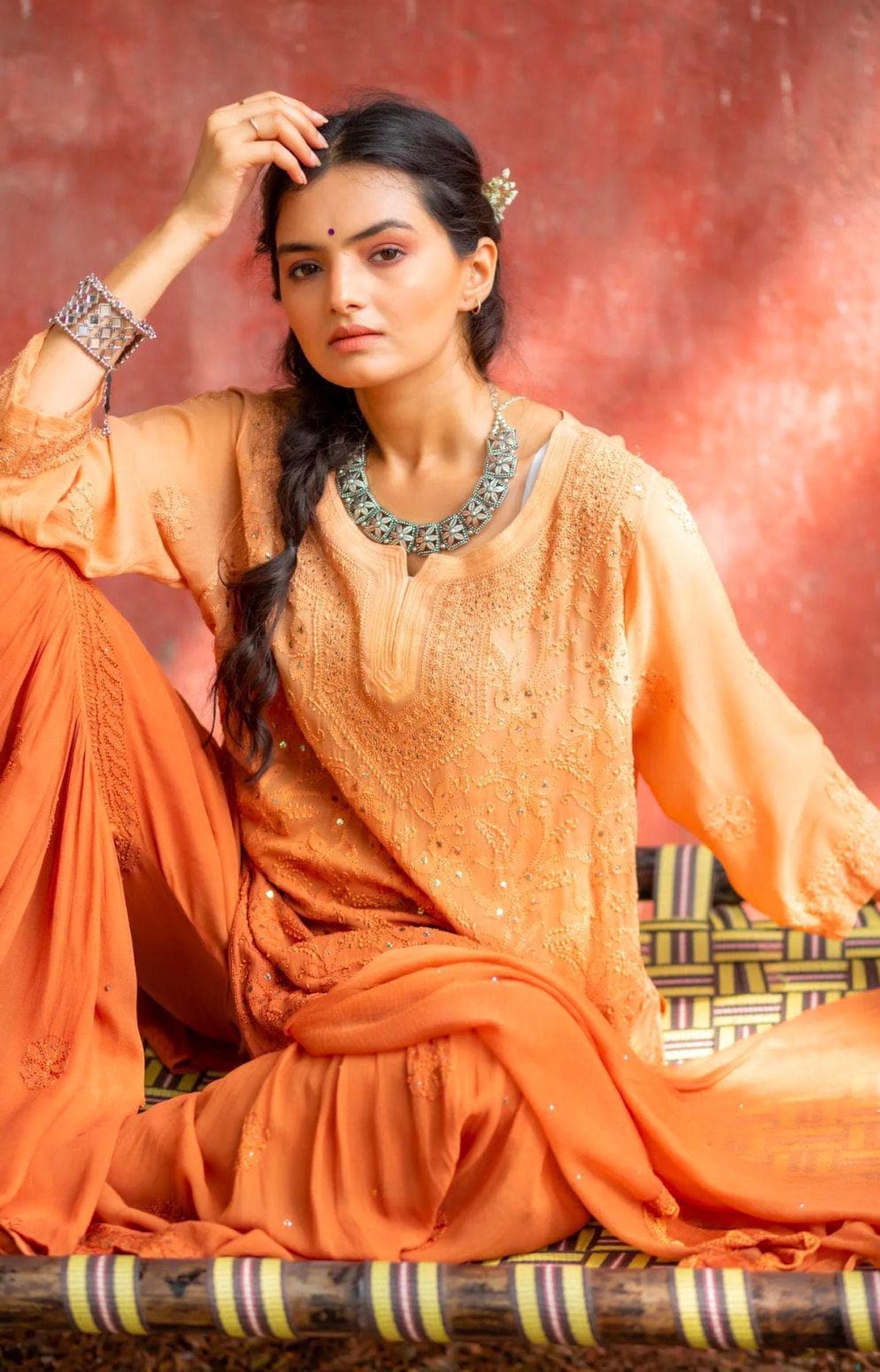 Jaal Work Kurti Plazo Set: Multicolor Viscose, Handmade Embroidery, Mukesh Dupatta, S-XXL