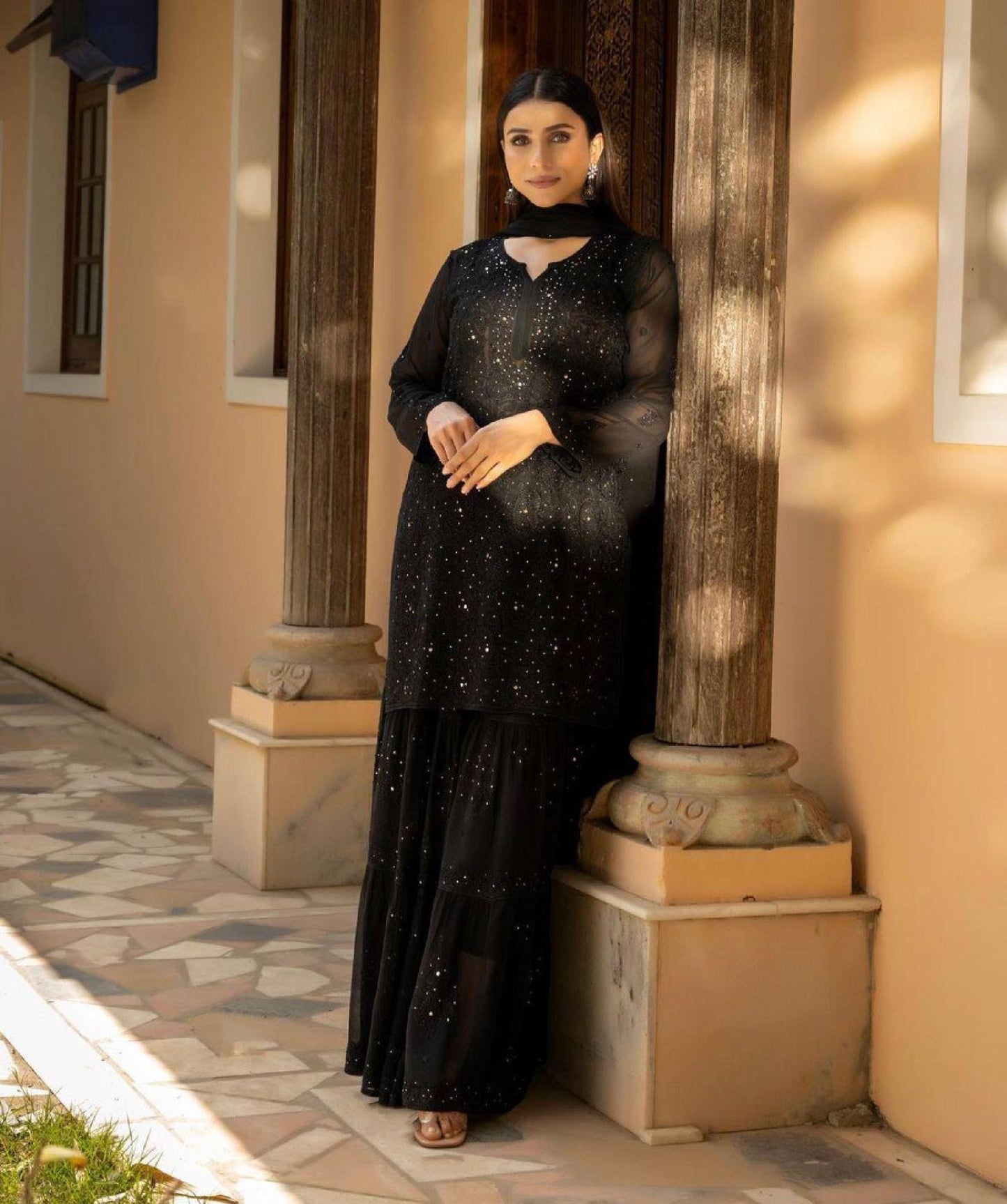 Jaal Work Kurti Plazo Set: Multicolor Viscose, Handmade Embroidery, Mukesh Dupatta, S-XXL
