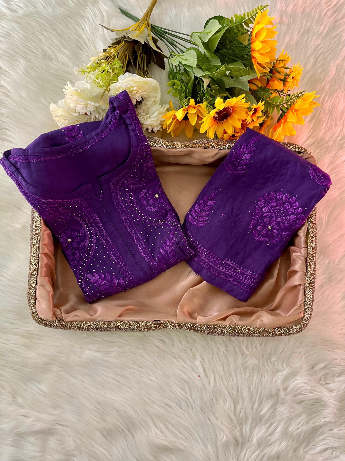 Kurta Set Cotton Mukaish Chikankari: Handmade Traditional Plus Size Women's Apparel