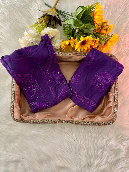 Kurta Set Cotton Mukaish Chikankari: Handmade Traditional Plus Size Women's Apparel