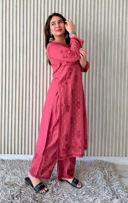 Kurta Plazo Suit Cotton Chikankari: Nyra Cut Handcrafted Lucknowi Set with Pockets