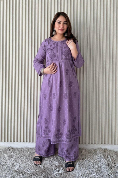 Kurta Plazo Suit Cotton Chikankari: Nyra Cut Handcrafted Lucknowi Set with Pockets