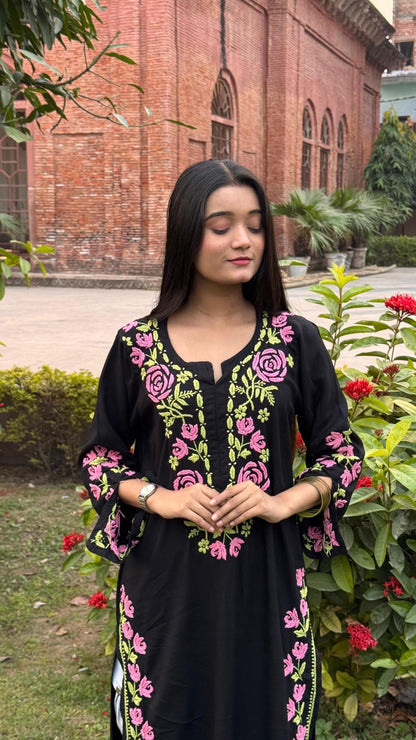 Rayon Chikankari Kurti Hand Embroidery, Women's Ethnic Tunic Top, Lucknowi Traditional Casual Dress, Indian Designer Apparel