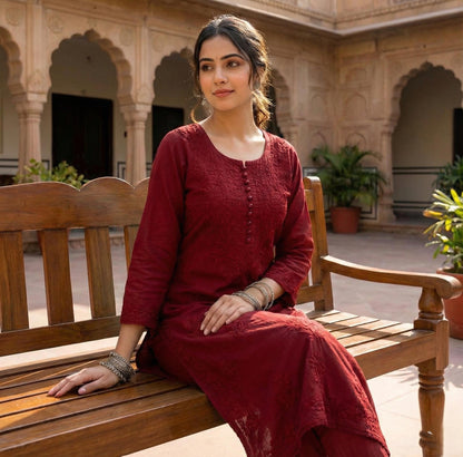Chikankari Kurta Set Hand-Embroidered Dobby Cotton Indian Wear S-XL Heritage Art Traditional Outfit
