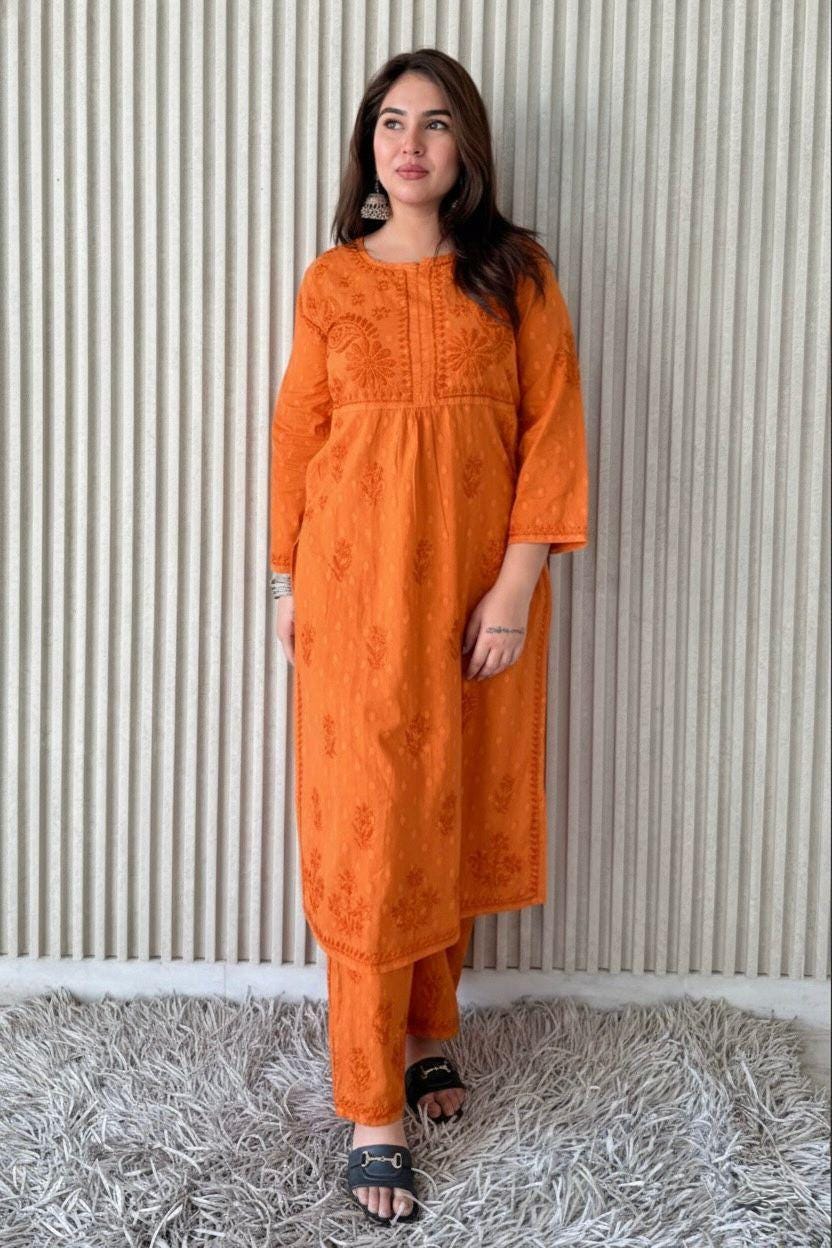 Kurta Plazo Suit Cotton Chikankari: Nyra Cut Handcrafted Lucknowi Set with Pockets