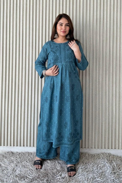 Kurta Plazo Suit Cotton Chikankari: Nyra Cut Handcrafted Lucknowi Set with Pockets