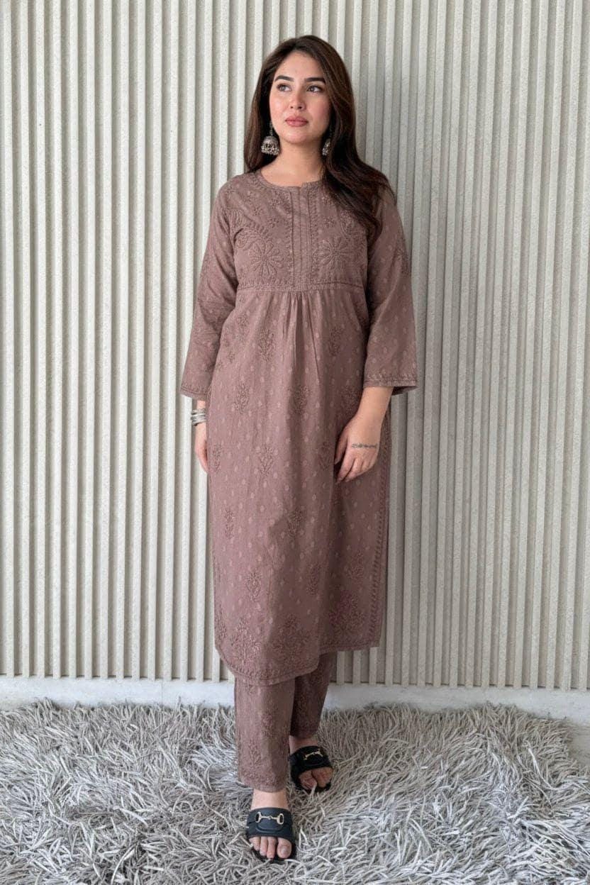 Kurta Plazo Suit Cotton Chikankari: Nyra Cut Handcrafted Lucknowi Set with Pockets