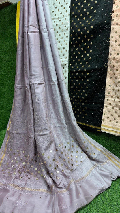 Chikan Chanderi Silk Saree: Dyeable Mukesh Handcrafted Bridal Wedding Ethnic Drape, Luxurious Artistry