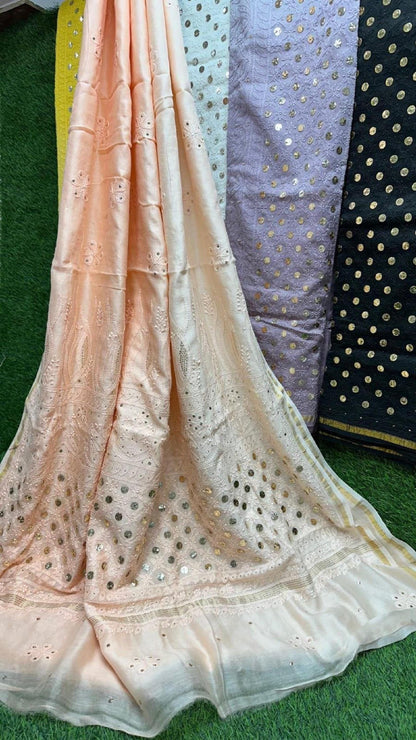 Chikan Chanderi Silk Saree: Dyeable Mukesh Handcrafted Bridal Wedding Ethnic Drape, Luxurious Artistry