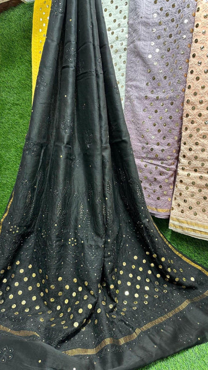 Chikan Chanderi Silk Saree: Dyeable Mukesh Handcrafted Bridal Wedding Ethnic Drape, Luxurious Artistry