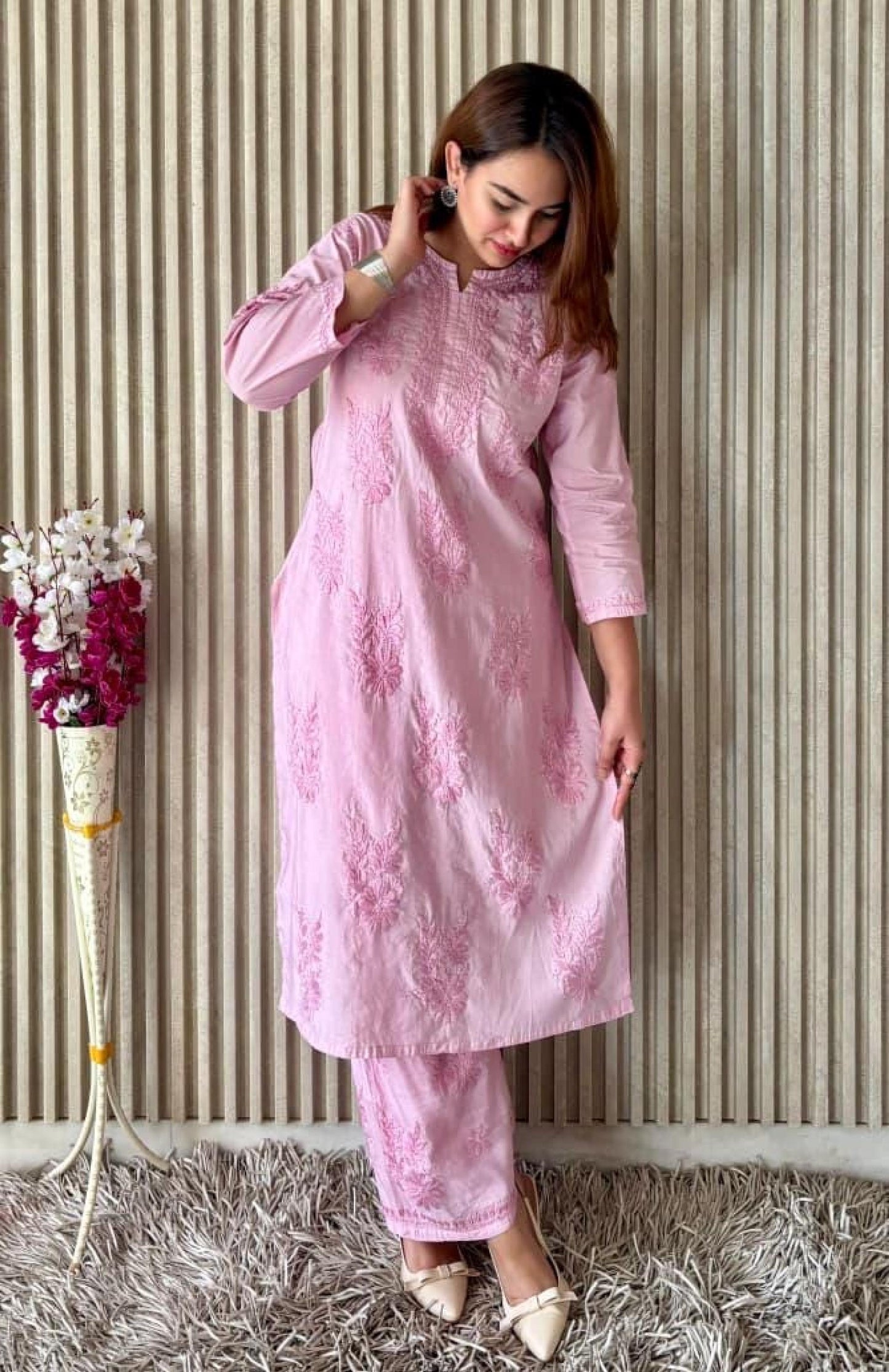 Chikankari Cord Set: Hand Embroidered Dyed Mal Chanderi Kurti and Plazo Ghasspatti Work Pastel Women's Ethnic Wear