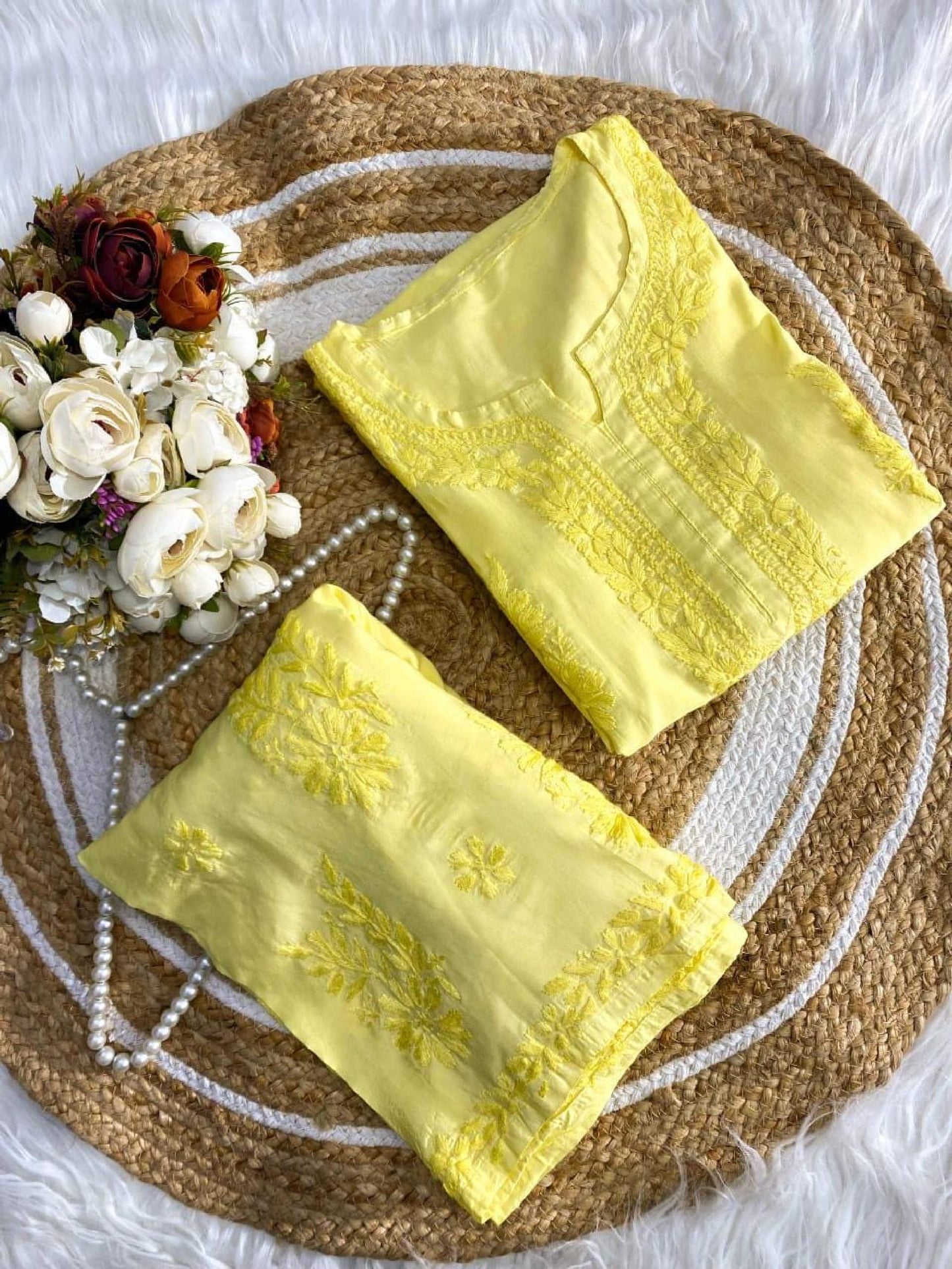 Chikankari Cord Set: Hand Embroidered Dyed Mal Chanderi Kurti and Plazo Ghasspatti Work Pastel Women's Ethnic Wear