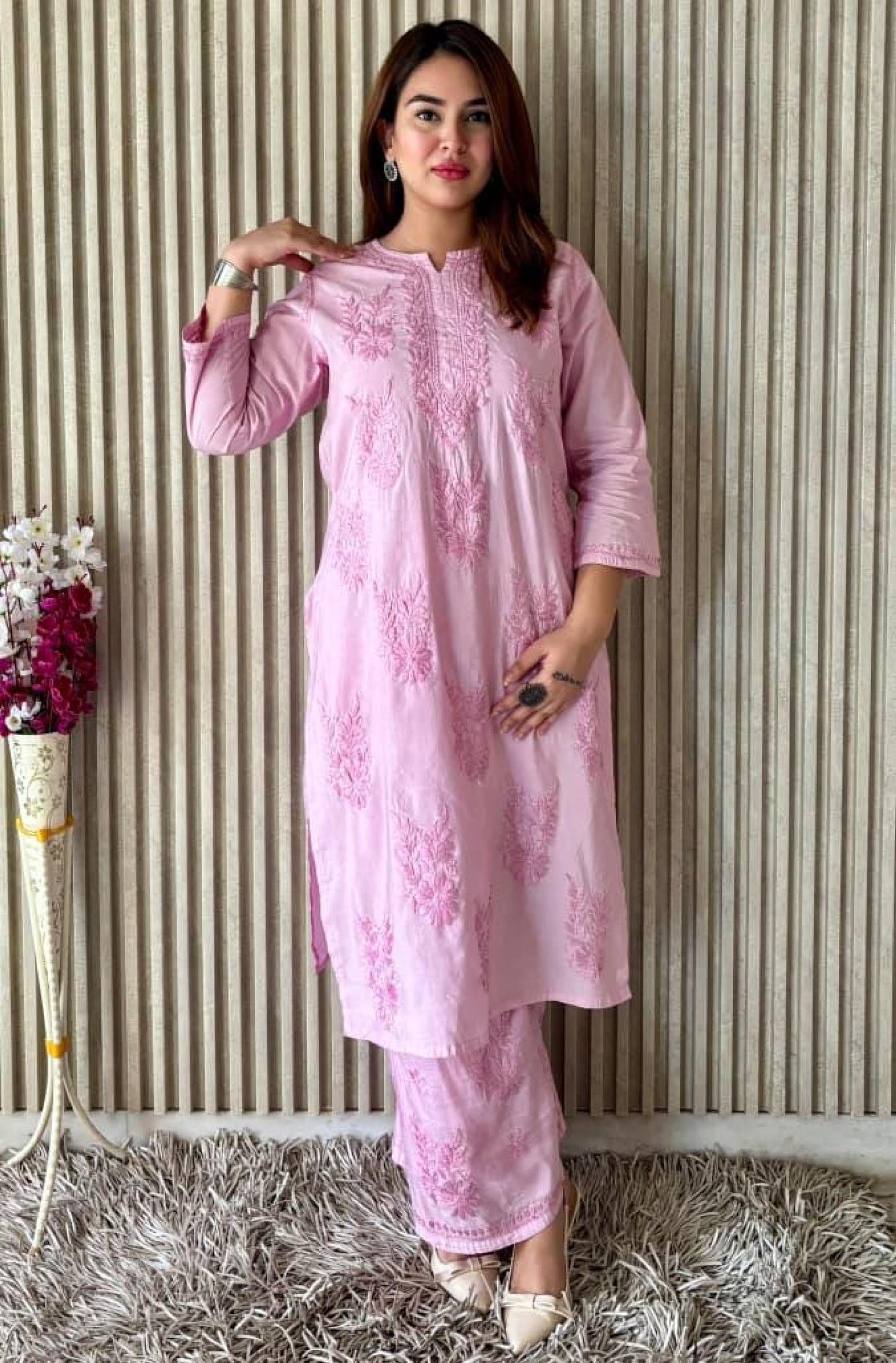Chikankari Cord Set: Hand Embroidered Dyed Mal Chanderi Kurti and Plazo Ghasspatti Work Pastel Women's Ethnic Wear