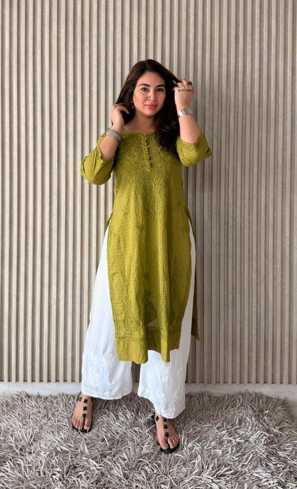 Soft Handcrafted Chikankari Kurti Plazo Set, Traditional Lucknowi Embroidery Suit, Comfortable Plus Size Indian Outfit, Festive Summer Kurta