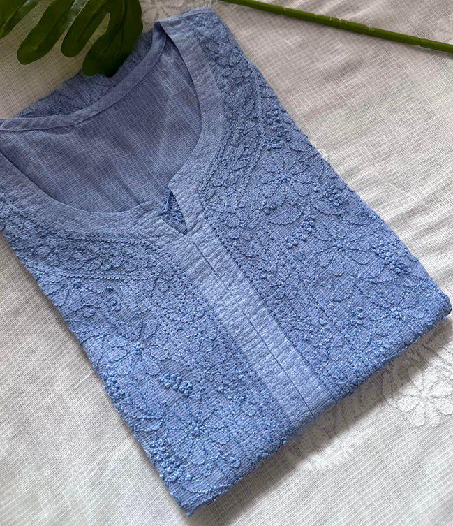 Resham Kota Kurti, Handcrafted Jaal Work Tunic, Elegant Lucknowi Chikankari Top, Soft Plus Size Ethnic Wear, Traditional Embroidered Dress