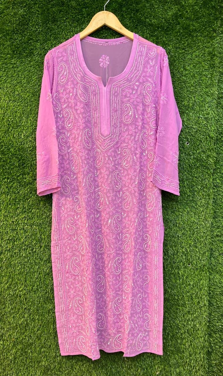 Pure Viscose Georgette Chikankari Kurti, Handcrafted Full Jaal Tunic, Soft Plus Size Indian Suit, Elegant Lucknowi Salwar Kameez
