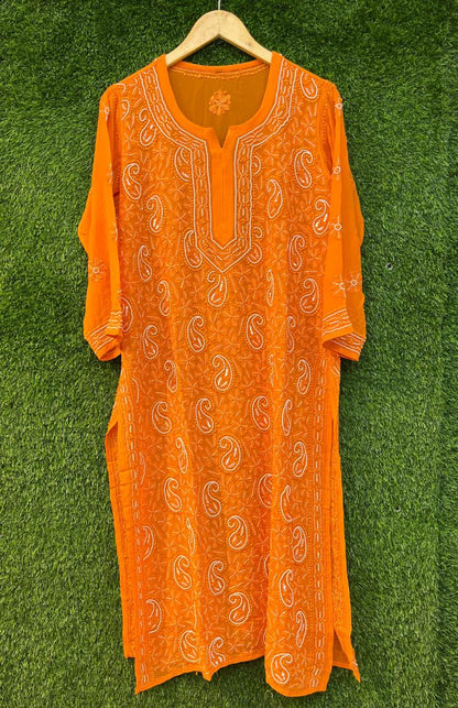 Pure Viscose Georgette Chikankari Kurti, Handcrafted Full Jaal Tunic, Soft Plus Size Indian Suit, Elegant Lucknowi Salwar Kameez