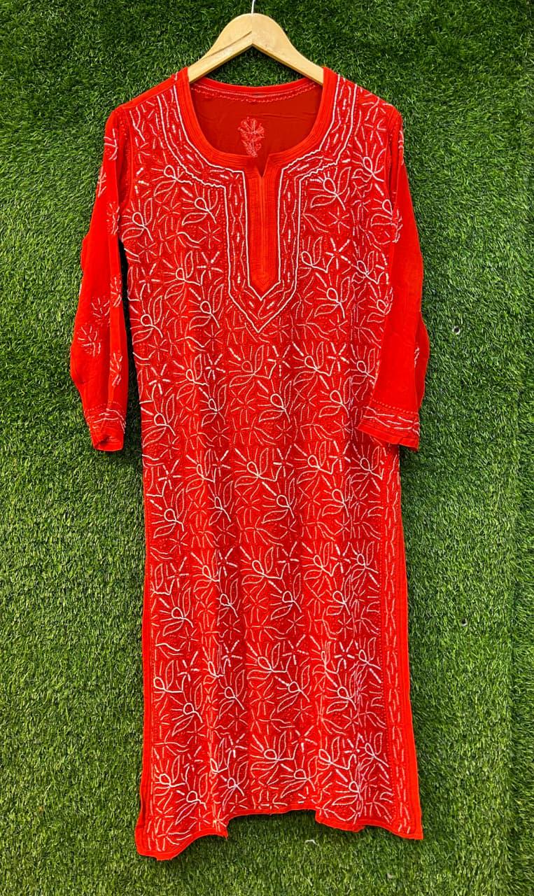 Pure Viscose Georgette Chikankari Kurti, Handcrafted Full Jaal Tunic, Soft Plus Size Indian Suit, Elegant Lucknowi Salwar Kameez