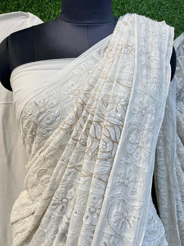Couture Pure Viscose Georgette Heavy Chikankari Saree | Pearl, Kat dana, Sequin & Golden Aari Hand Embellished | Custom Dyeable Luxury Saree
