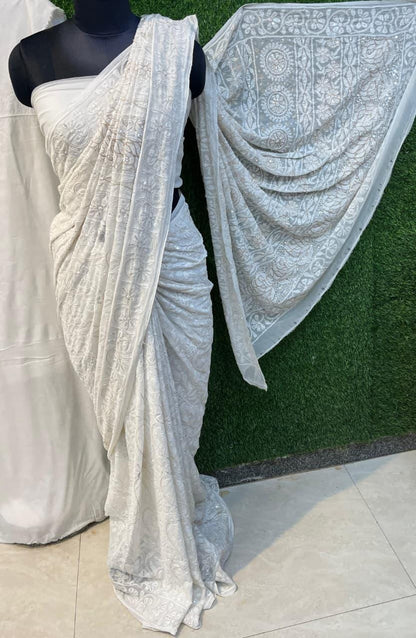 Couture Pure Viscose Georgette Heavy Chikankari Saree | Pearl, Kat dana, Sequin & Golden Aari Hand Embellished | Custom Dyeable Luxury Saree
