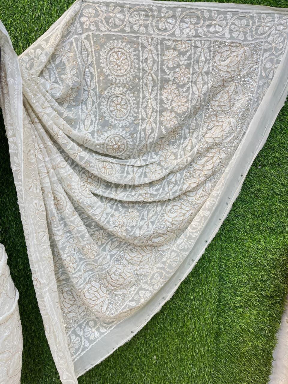 Couture Pure Viscose Georgette Heavy Chikankari Saree | Pearl, Kat dana, Sequin & Golden Aari Hand Embellished | Custom Dyeable Luxury Saree