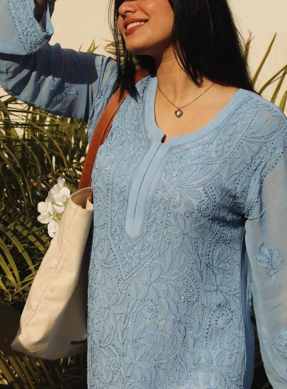 Resham Viscose Jaal Kurti, Handcrafted Lucknowi Indian Tunic, Plus Size Kurta, Traditional Embroidered Top, Luxury Ethnic Summer Dress