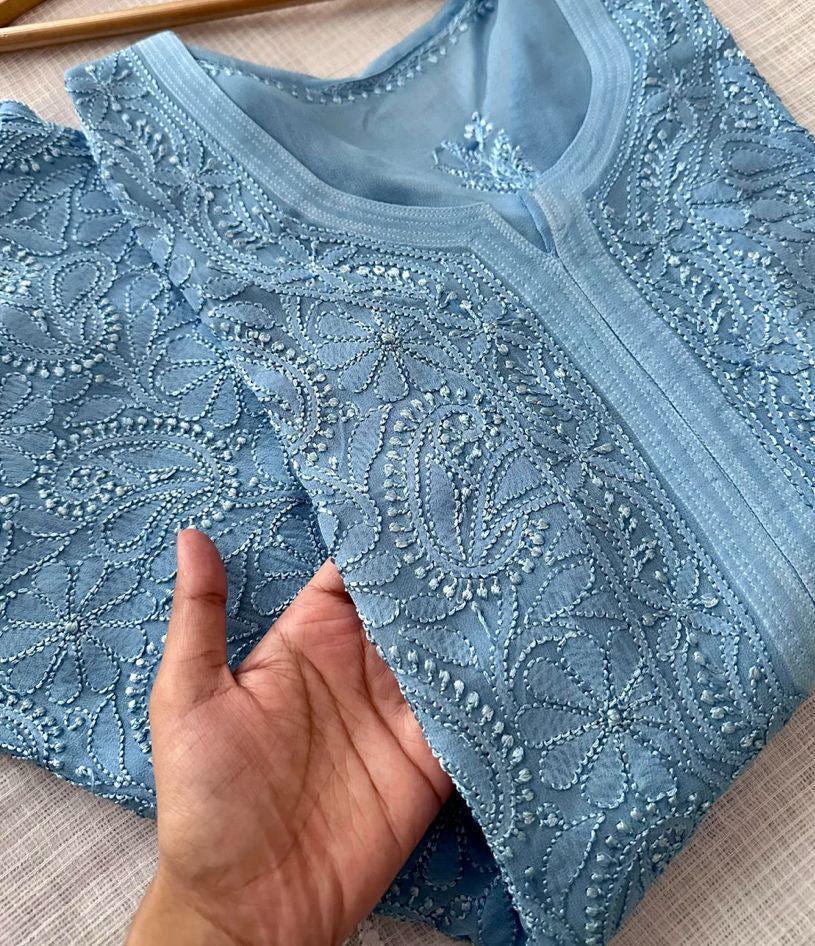 Resham Viscose Jaal Kurti, Handcrafted Lucknowi Indian Tunic, Plus Size Kurta, Traditional Embroidered Top, Luxury Ethnic Summer Dress