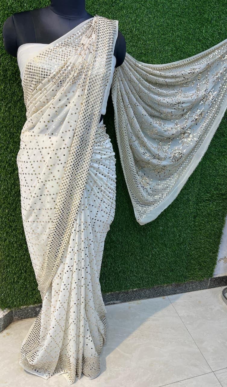 Heirloom Pure Georgette Saree, Handcrafted Chikankari Couture Sari, Elegant Luxury Indian Wedding Dress, Designer Traditional Ethnic Wear