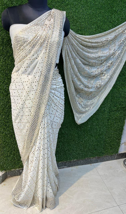 Heirloom Pure Georgette Saree, Handcrafted Chikankari Couture Sari, Elegant Luxury Indian Wedding Dress, Designer Traditional Ethnic Wear