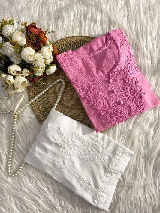 Butter Soft Dobby Cotton Short Top, Handcrafted Chikankari Tunic, Lucknowi Embroidered Boho Blouse, Summer Plus Size Ethnic Kurti