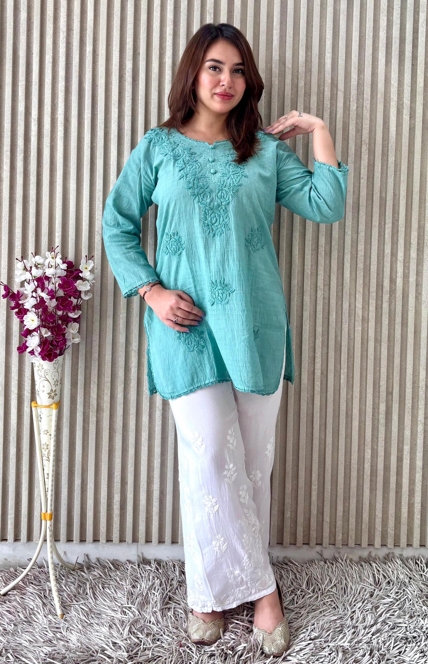 Butter Soft Dobby Cotton Short Top, Handcrafted Chikankari Tunic, Lucknowi Embroidered Boho Blouse, Summer Plus Size Ethnic Kurti