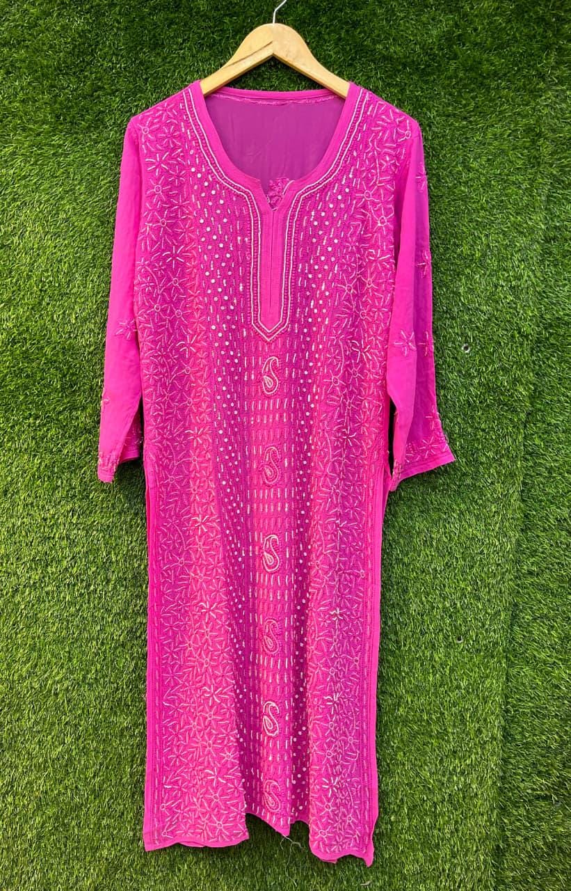 Pure Viscose Georgette Chikankari Kurti, Handcrafted Full Jaal Tunic, Soft Plus Size Indian Suit, Elegant Lucknowi Salwar Kameez