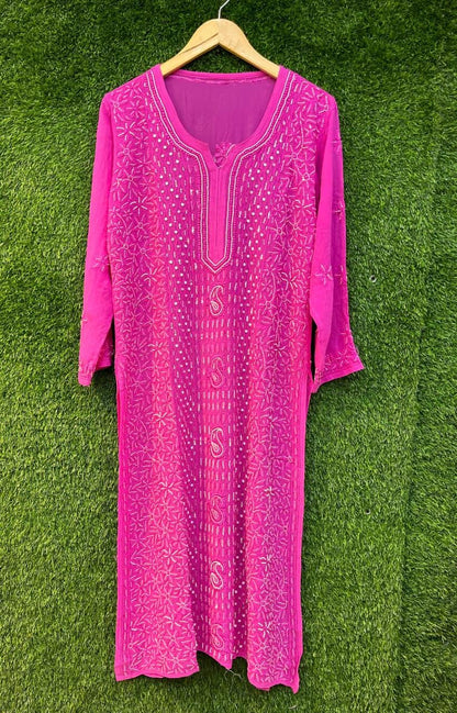 Pure Viscose Georgette Chikankari Kurti, Handcrafted Full Jaal Tunic, Soft Plus Size Indian Suit, Elegant Lucknowi Salwar Kameez