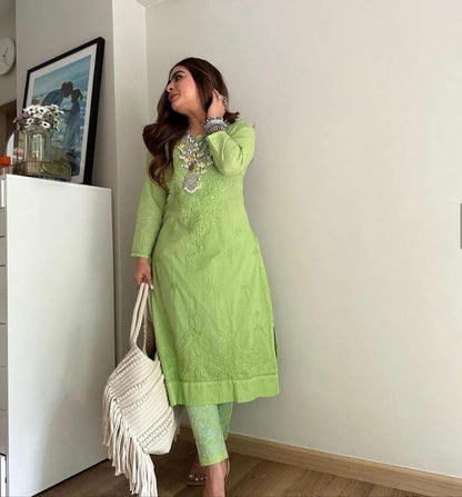 Handcrafted Dobby Cotton, Kurti Pant Set, Soft Plus Size, Indian Salwar Kameez, Festive Lucknowi, Cotton Tunic Suit